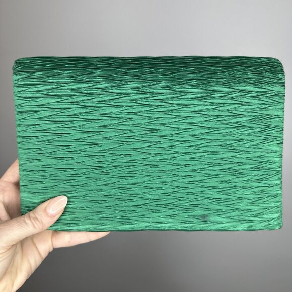 Vintage 50s Walborg Green Satin Evening Clutch with Gold Embellishment Handmade - Picture 2 of 11